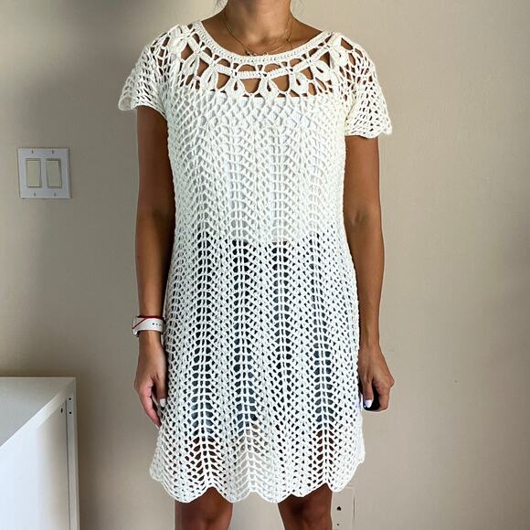 Mumu Mellow Crochet The Day Away Beige Cream Short Sleeve Dress Coverup Size M - Picture 7 of 11